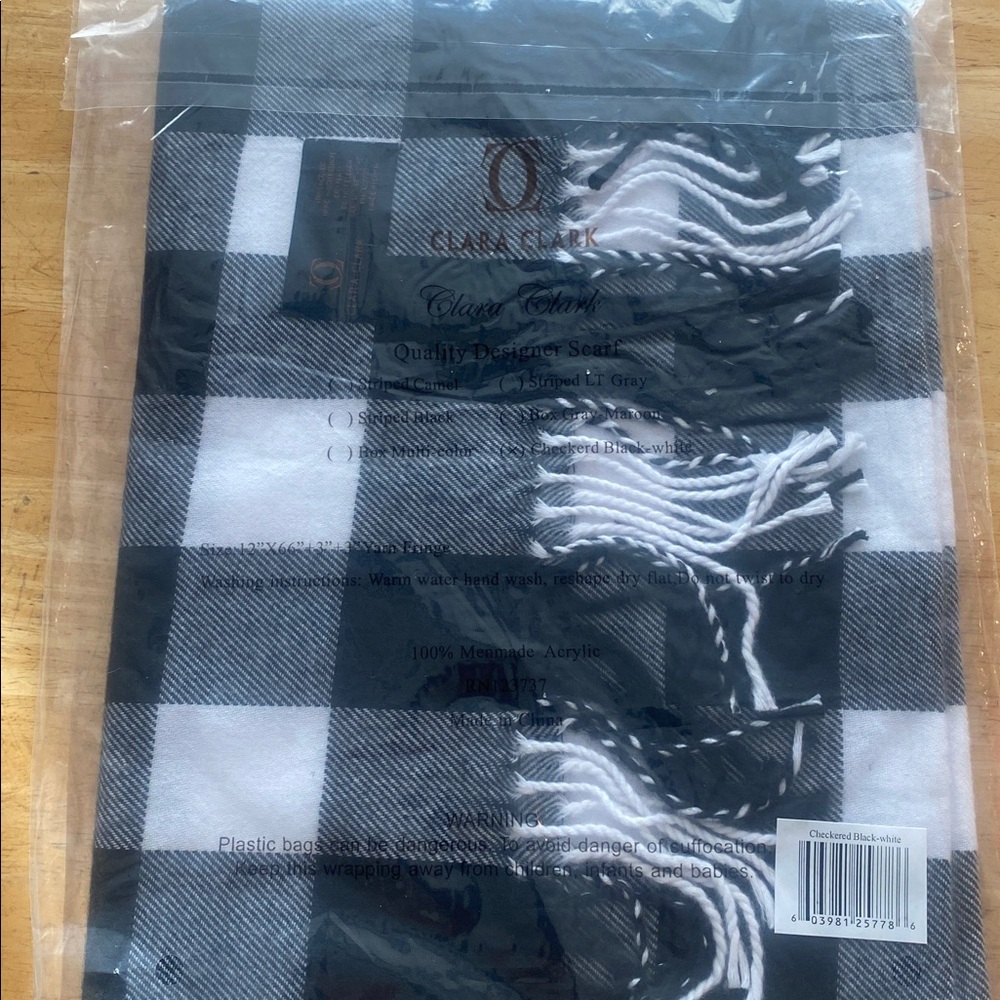 Black and White Checkered Scarf 12x66+ 3 in fringe. NWT. NIP Acrylic